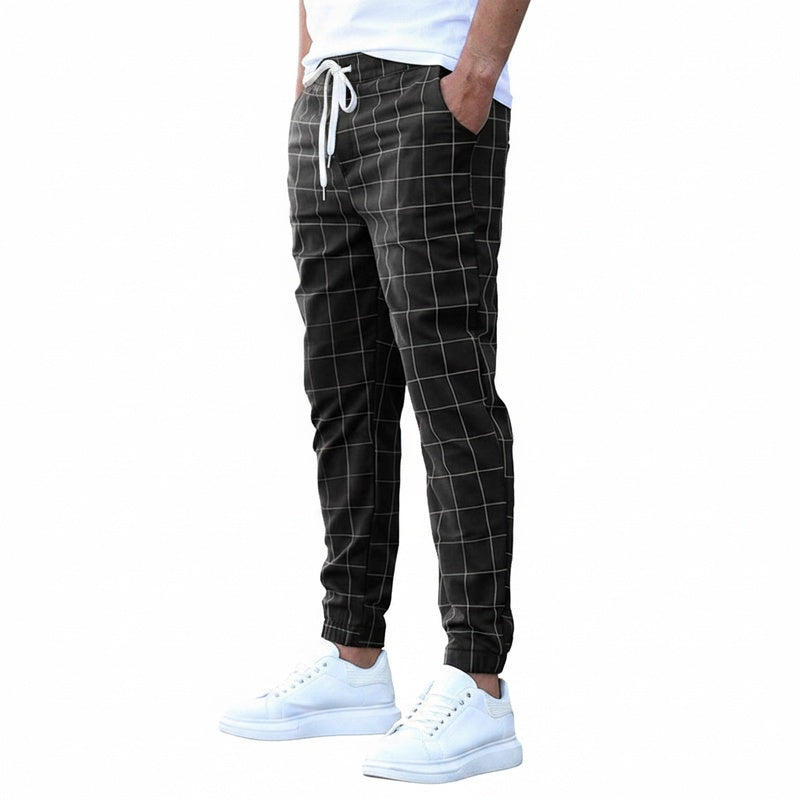 Men's Slim Fit Trousers with Plaid Pattern and Drawstring Waist