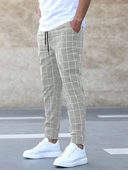 Men's Slim Fit Trousers with Plaid Pattern and Drawstring Waist