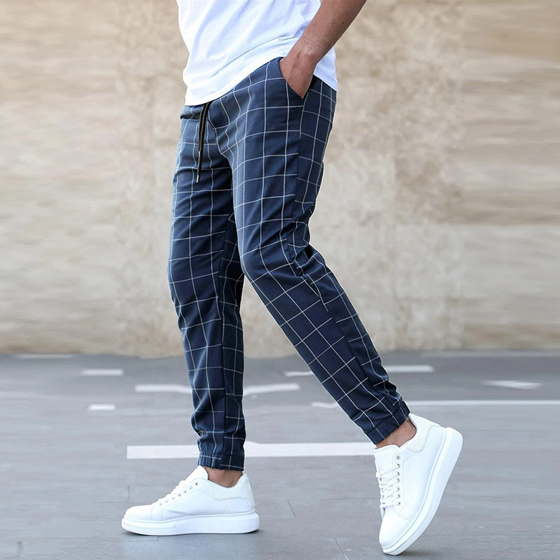 Men's Slim Fit Trousers with Plaid Pattern and Drawstring Waist