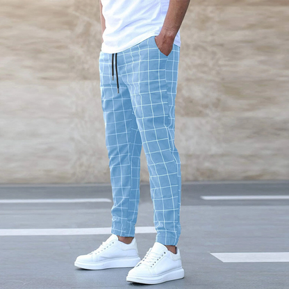 Men's Slim Fit Trousers with Plaid Pattern and Drawstring Waist
