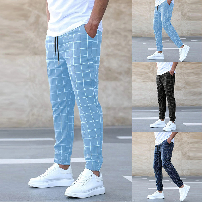 Men's Slim Fit Trousers with Plaid Pattern and Drawstring Waist