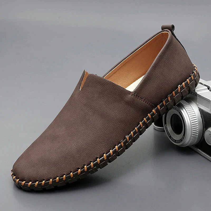 Men's Slip-On Loafers with Faux Leather Look and Stitched Sole