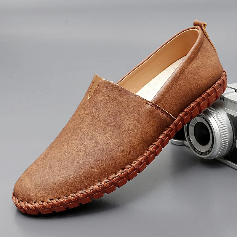 Men's Slip-On Loafers with Faux Leather Look and Stitched Sole