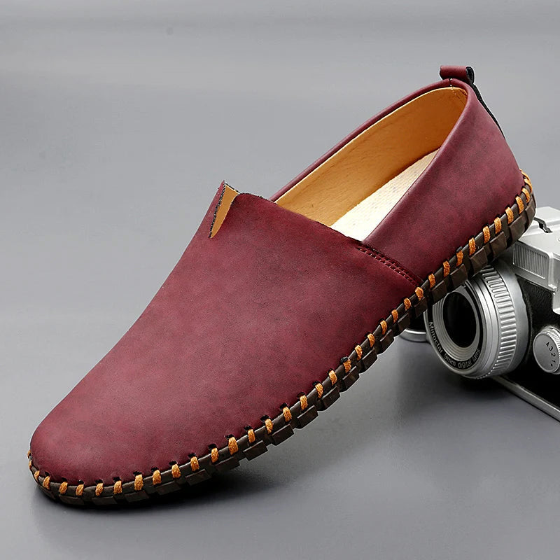 Men's Slip-On Loafers with Faux Leather Look and Stitched Sole