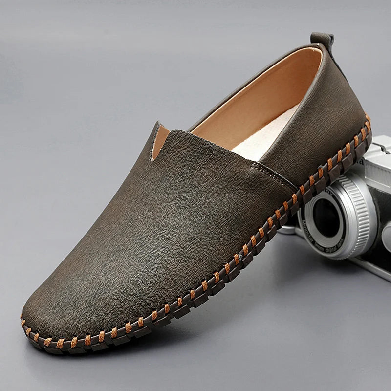 Men's Slip-On Loafers with Faux Leather Look and Stitched Sole