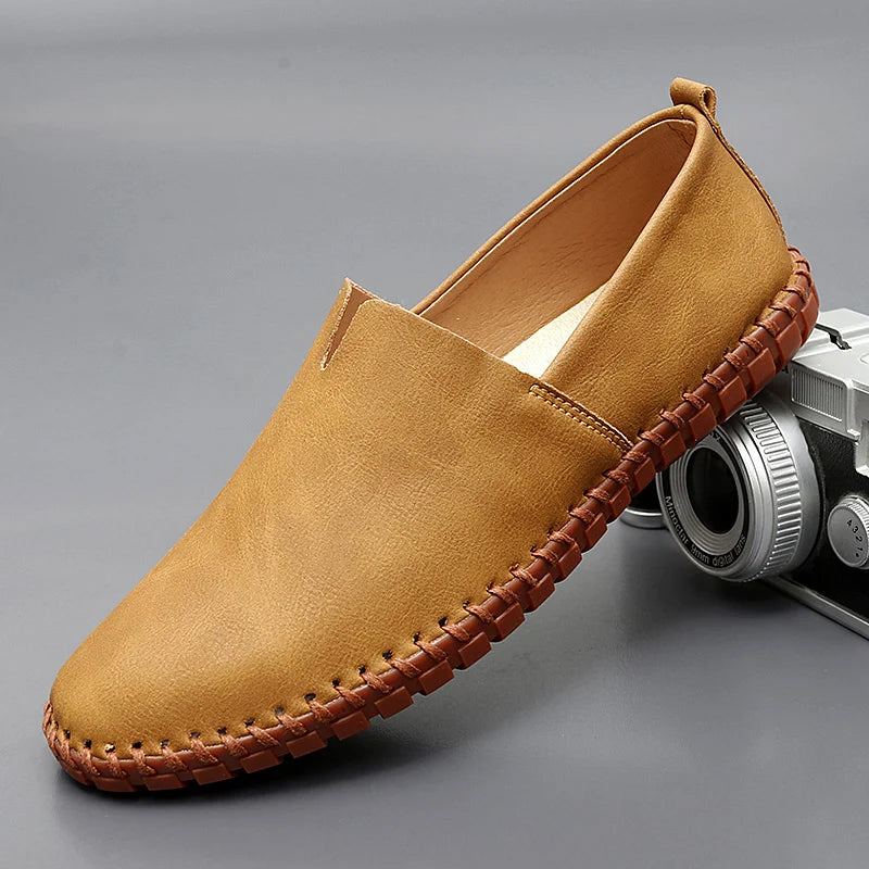 Men's Slip-On Loafers with Faux Leather Look and Stitched Sole