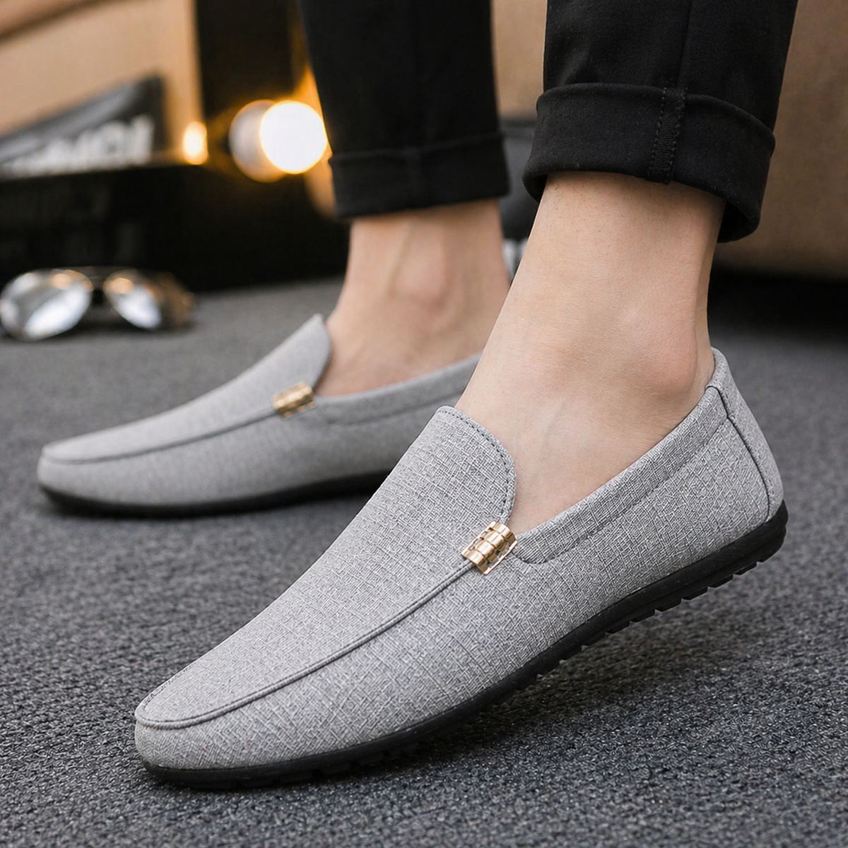 Men's Slip-On Loafers with Gold Metal Detail and Textured Upper