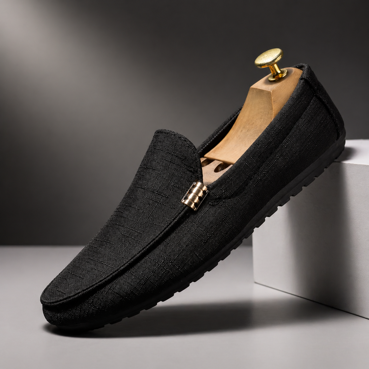 Men's Slip-On Loafers with Gold Metal Detail and Textured Upper