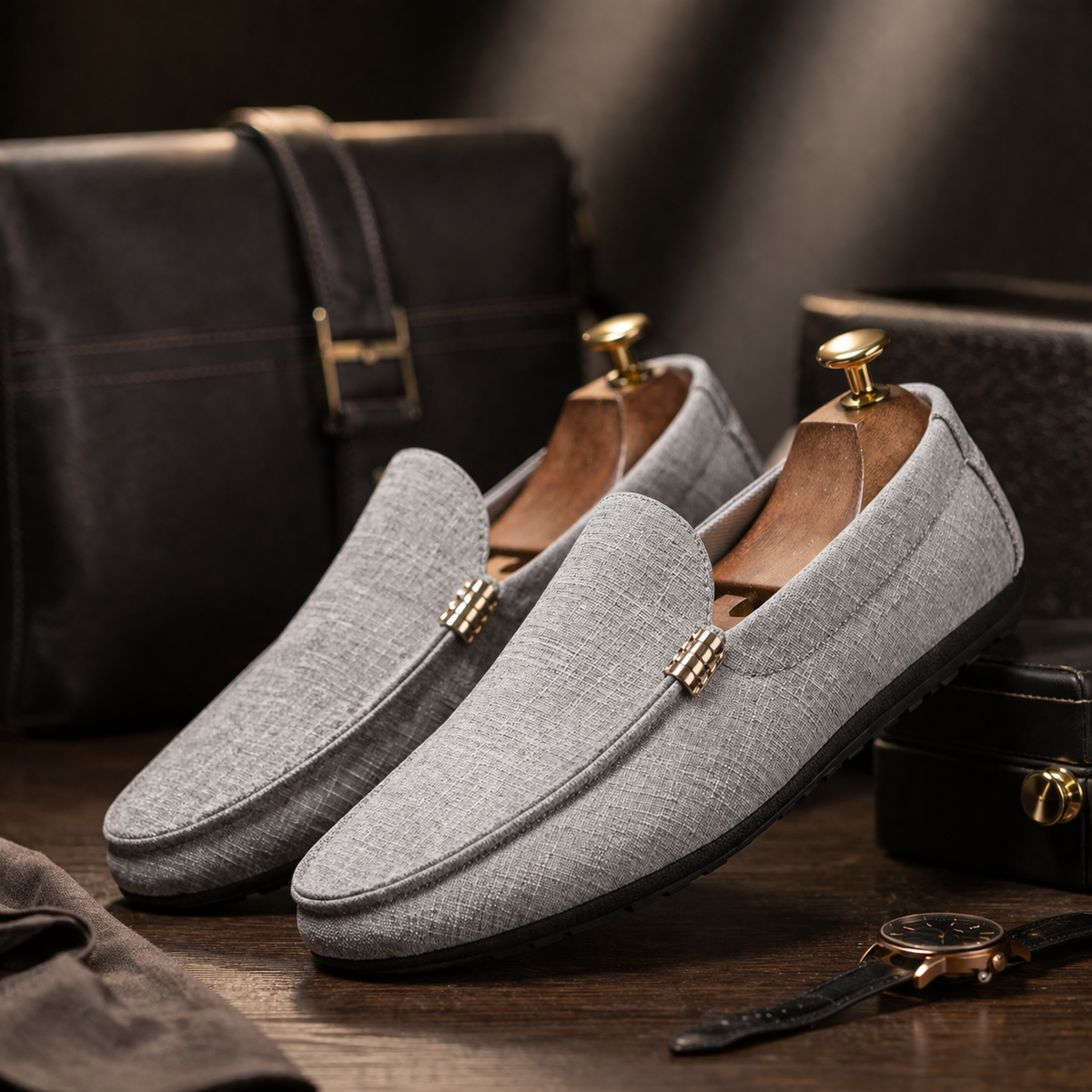 Men's Slip-On Loafers with Gold Metal Detail and Textured Upper