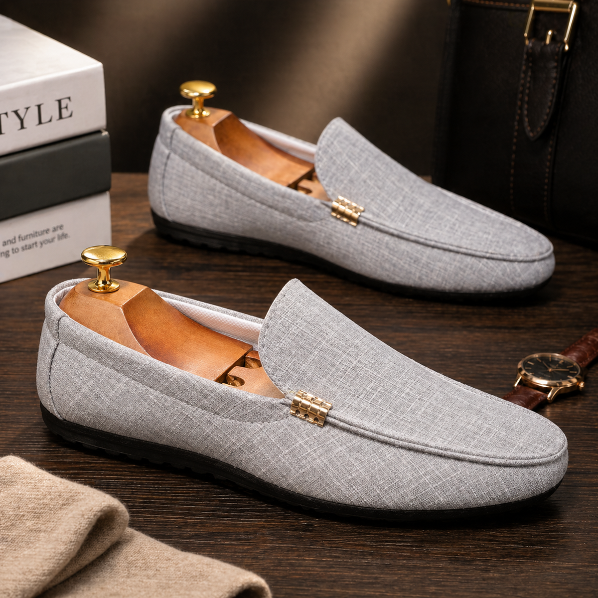 Men's Slip-On Loafers with Gold Metal Detail and Textured Upper
