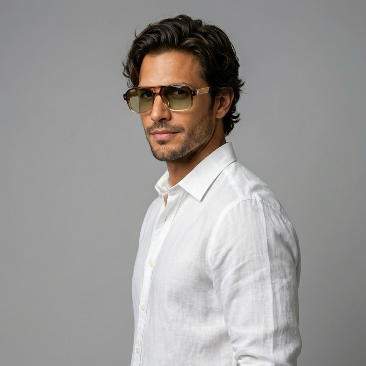 Men's Square Aviator Sunglasses with Transparent Frame and Double Bridge