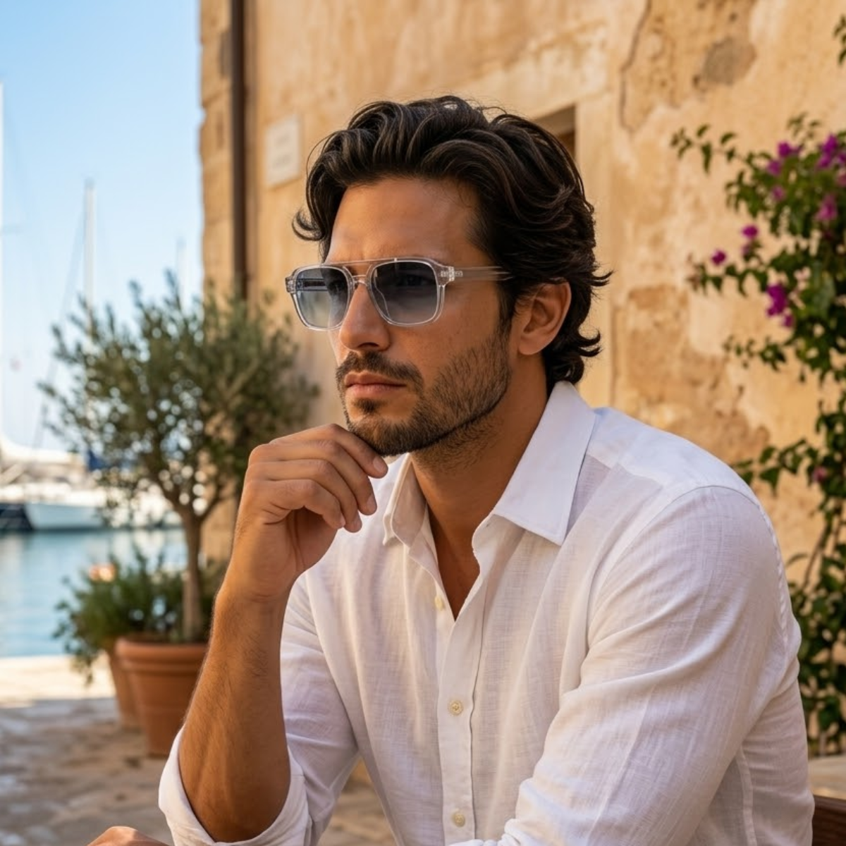 Men's Square Aviator Sunglasses with Transparent Frame and Double Bridge