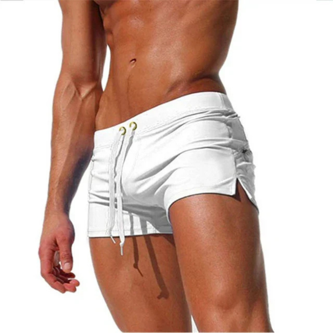 Men's Square Cut Swim Trunks with Drawstring Waist and Side Slit