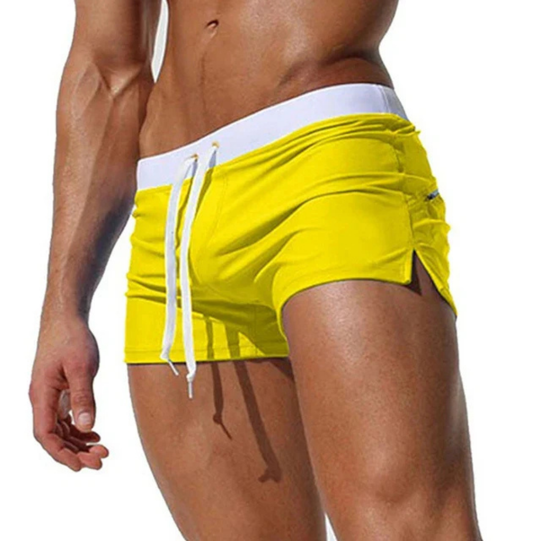 Men's Square Cut Swim Trunks with Drawstring Waist and Side Slit