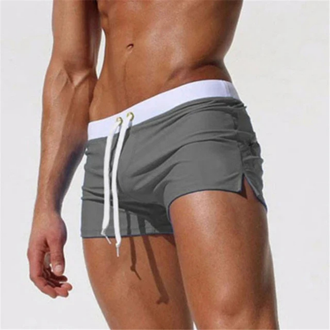 Men's Square Cut Swim Trunks with Drawstring Waist and Side Slit