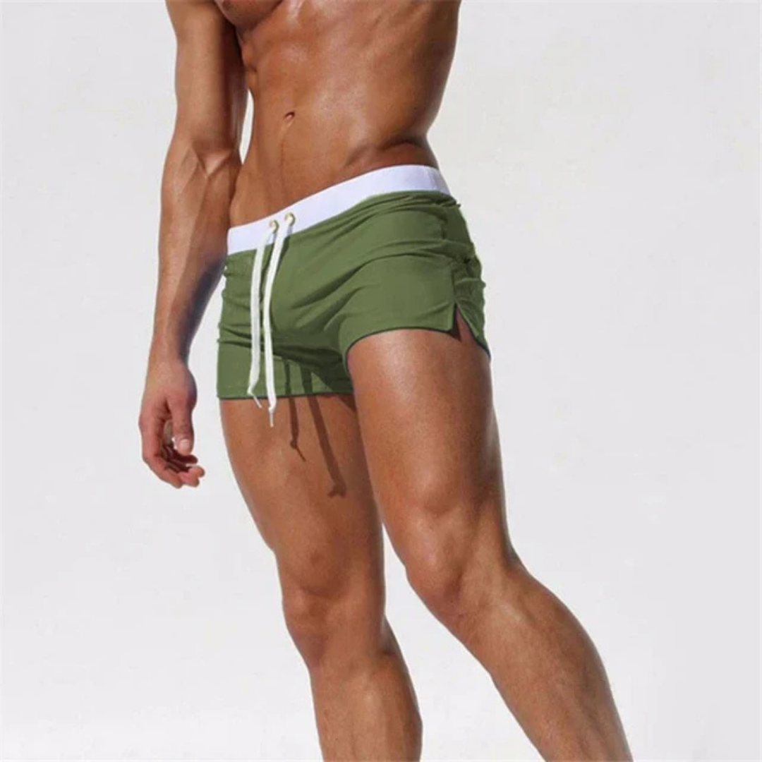 Men's Square Cut Swim Trunks with Drawstring Waist and Side Slit