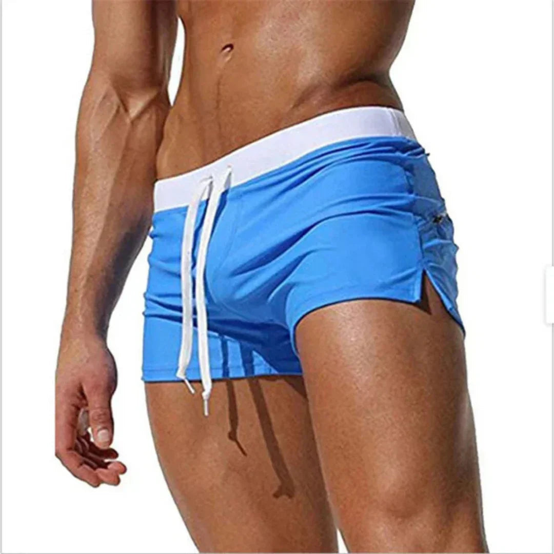 Men's Square Cut Swim Trunks with Drawstring Waist and Side Slit