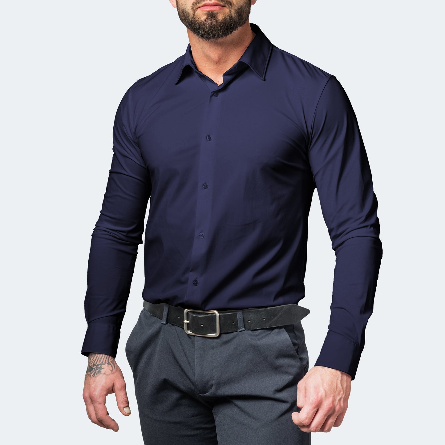 Men's Stretch Dress Shirt Long Sleeve with Slim Fit and Button Collar