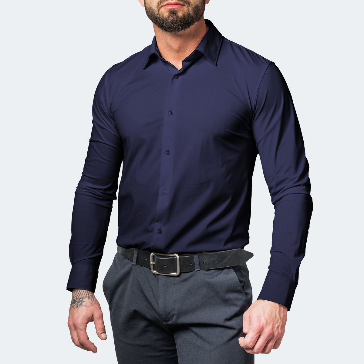 Men's Stretch Dress Shirt Long Sleeve with Slim Fit and Button Collar