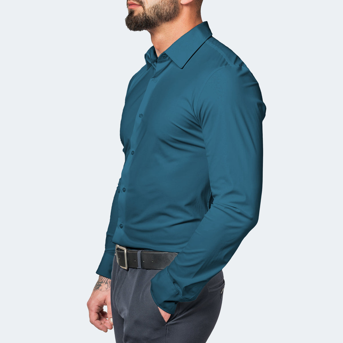 Men's Stretch Dress Shirt Long Sleeve with Slim Fit and Button Collar