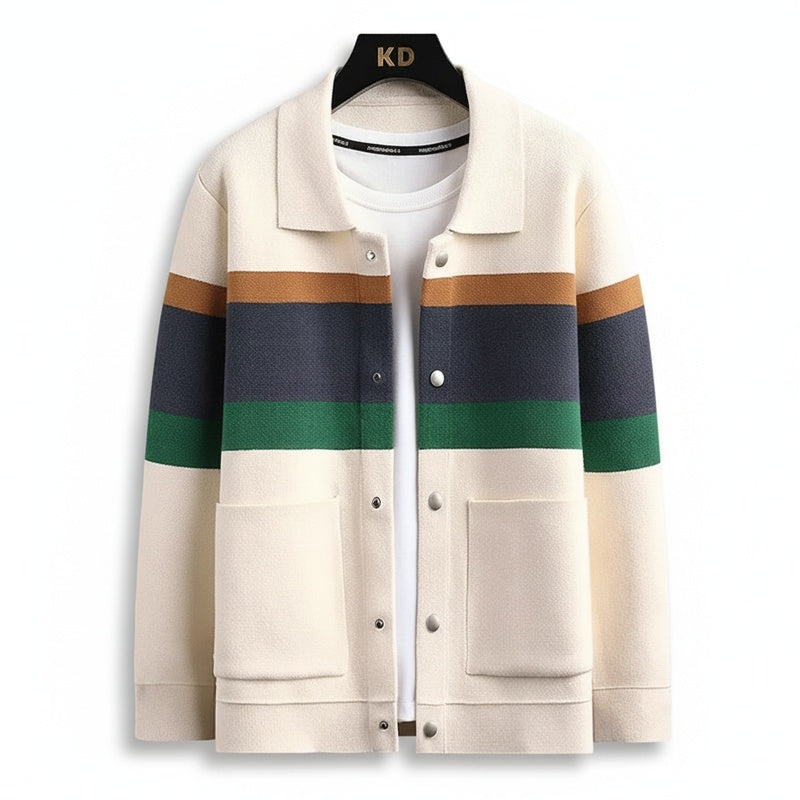 Men's Striped Cardigan Jacket with Collar and Button Front