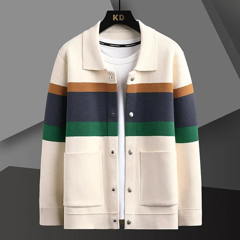 Men's Striped Cardigan Jacket with Collar and Button Front