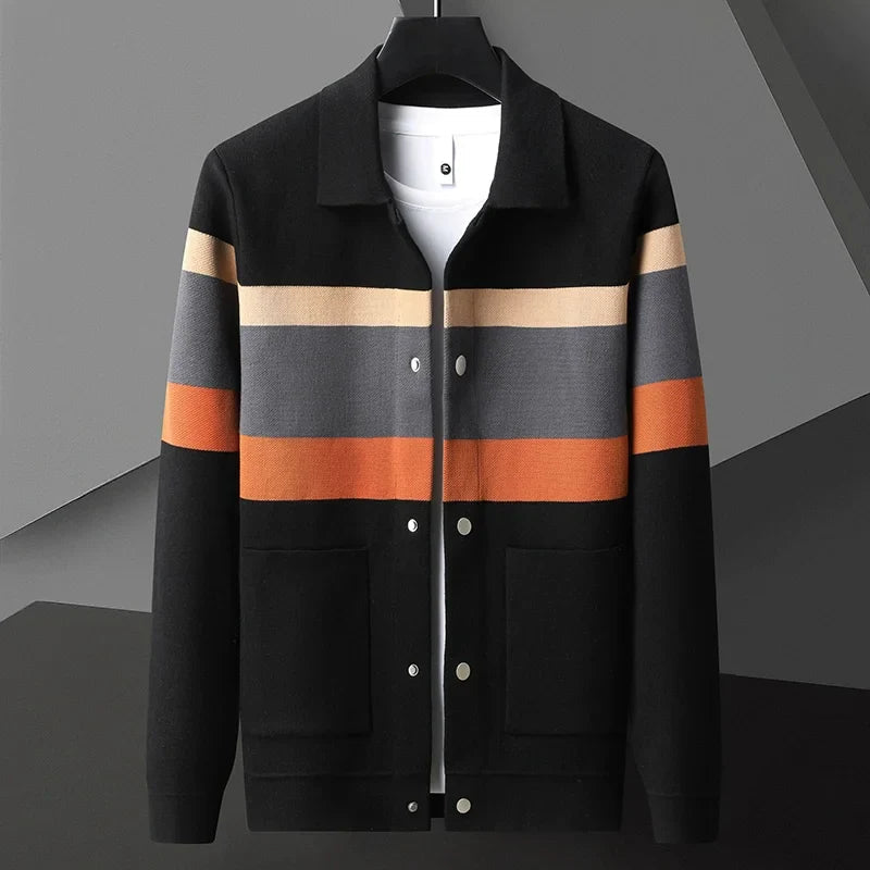 Men's Striped Cardigan Jacket with Collar and Button Front