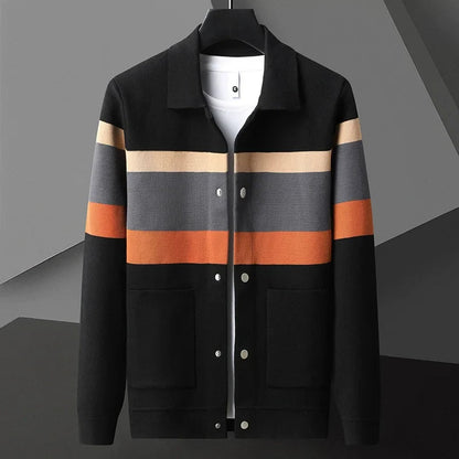 Men's Striped Cardigan Jacket with Collar and Button Front