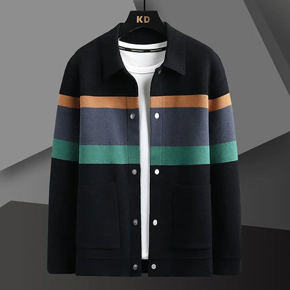 Men's Striped Cardigan Jacket with Collar and Button Front
