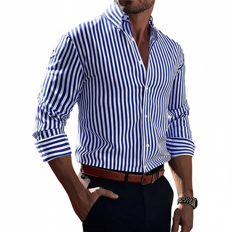 Men's Striped Long Sleeve Shirt with Button-Down Collar and Classic Fit