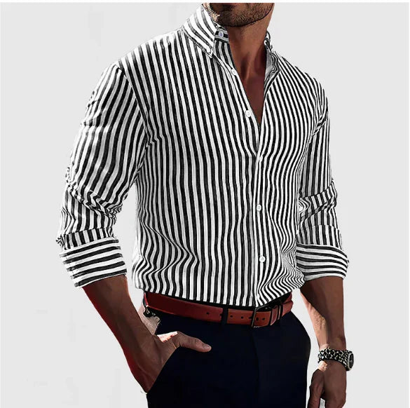 Men's Striped Long Sleeve Shirt with Button-Down Collar and Classic Fit