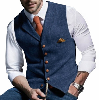 Men's Suit Vest with Check Pattern, V-Neck and Button Closure