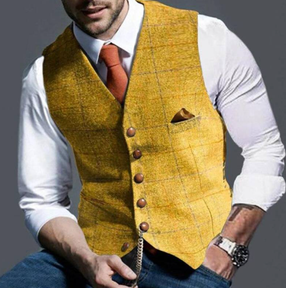 Men's Suit Vest with Check Pattern, V-Neck and Button Closure