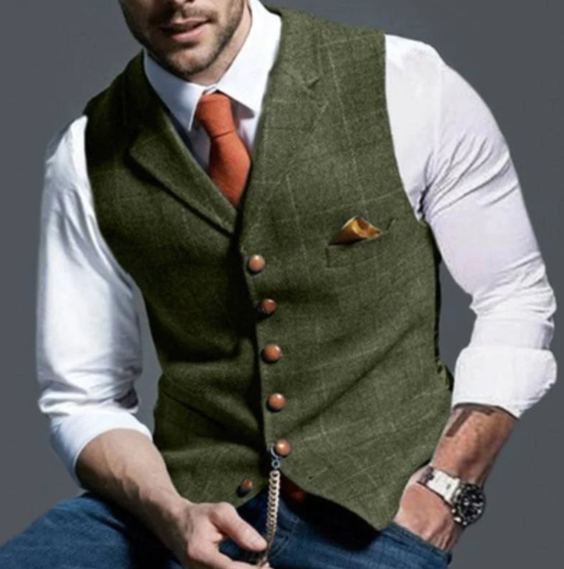 Men's Suit Vest with Check Pattern, V-Neck and Button Closure