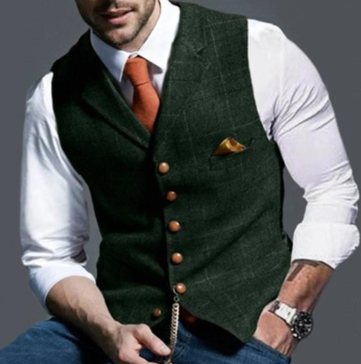 Men's Suit Vest with Check Pattern, V-Neck and Button Closure