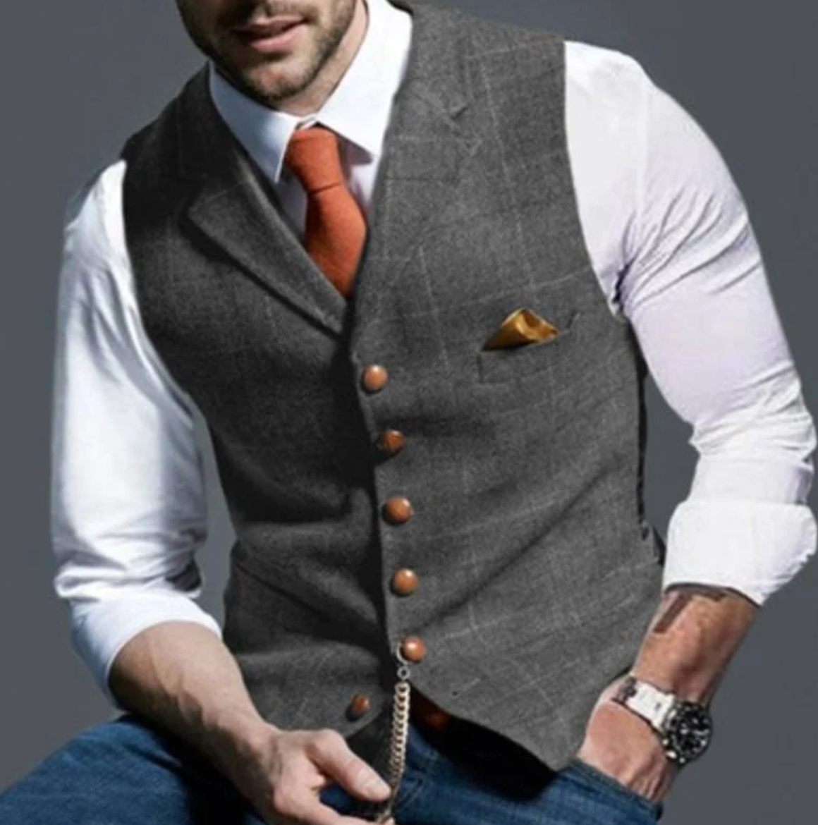 Men's Suit Vest with Check Pattern, V-Neck and Button Closure