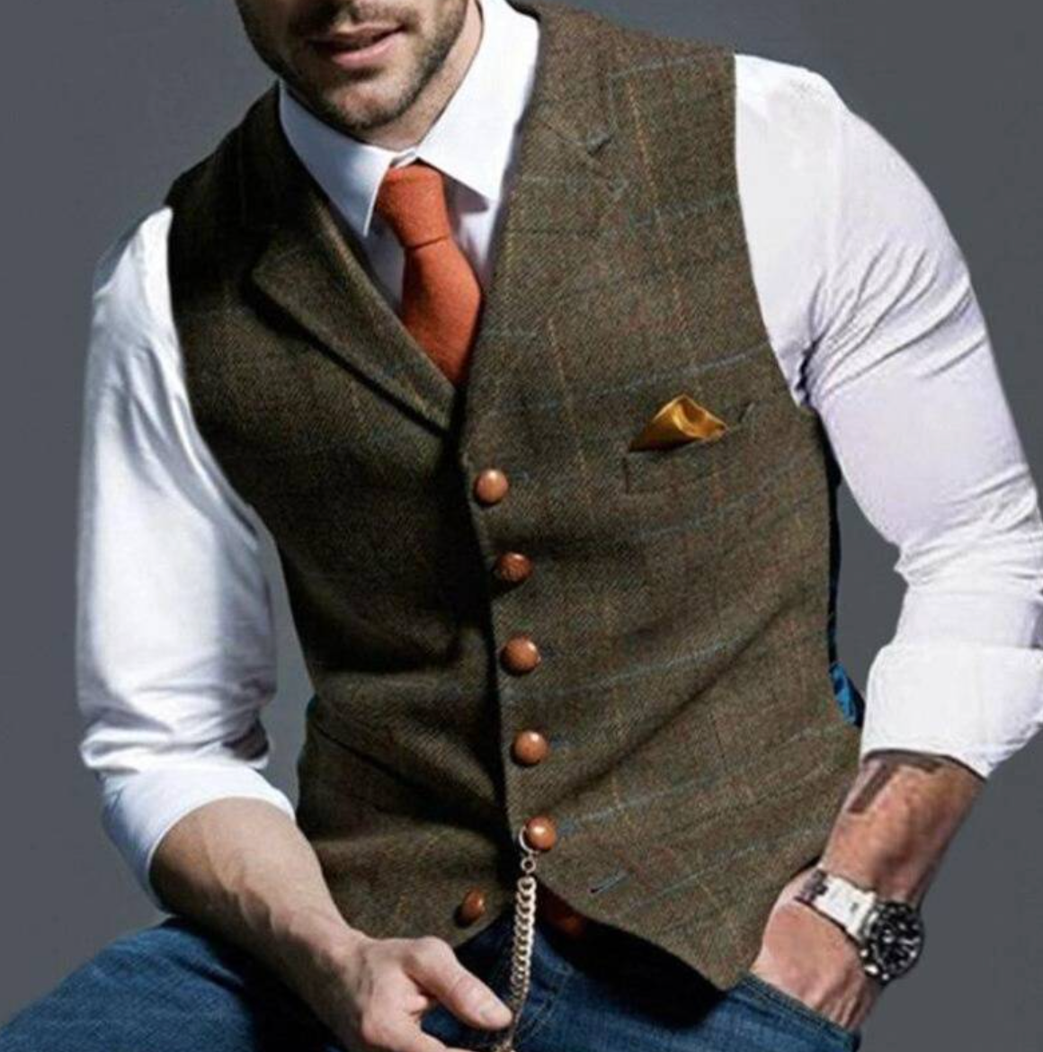 Men's Suit Vest with Check Pattern, V-Neck and Button Closure