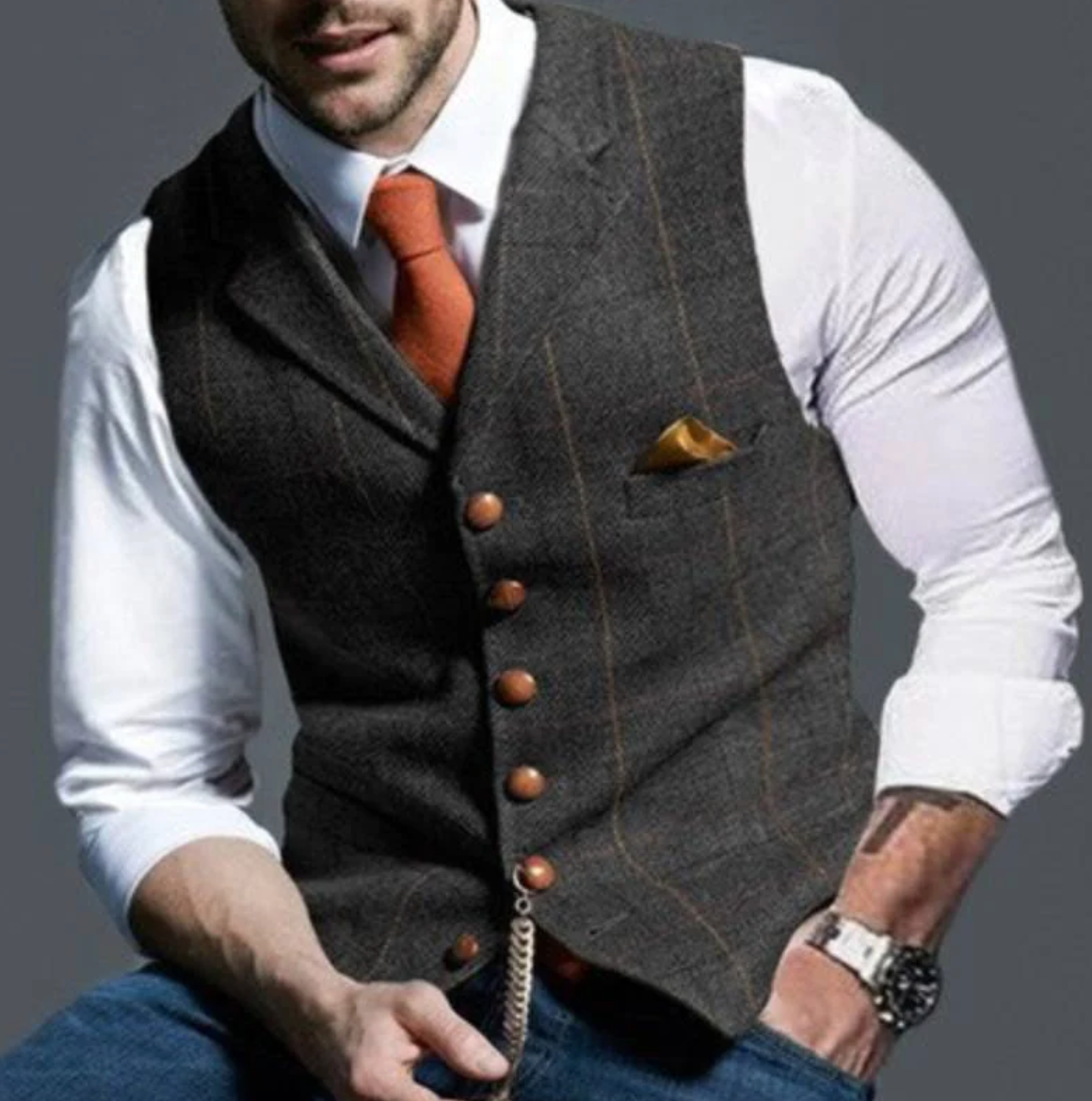 Men's Suit Vest with Check Pattern, V-Neck and Button Closure