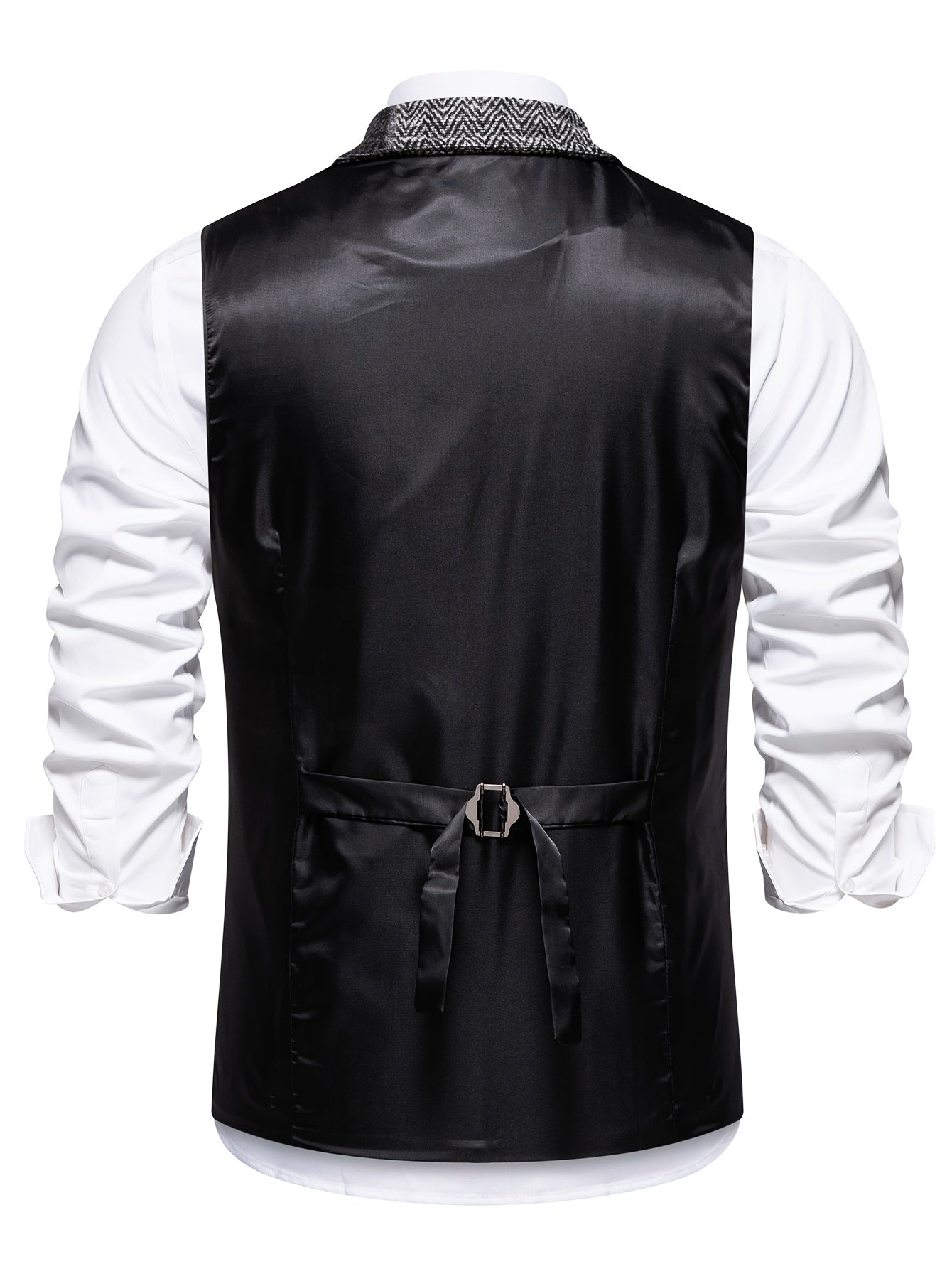Men's Suit Vest with Patchwork Herringbone Pattern and Button Closure