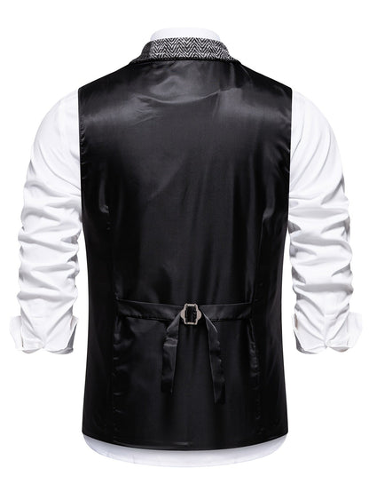 Men's Suit Vest with Patchwork Herringbone Pattern and Button Closure