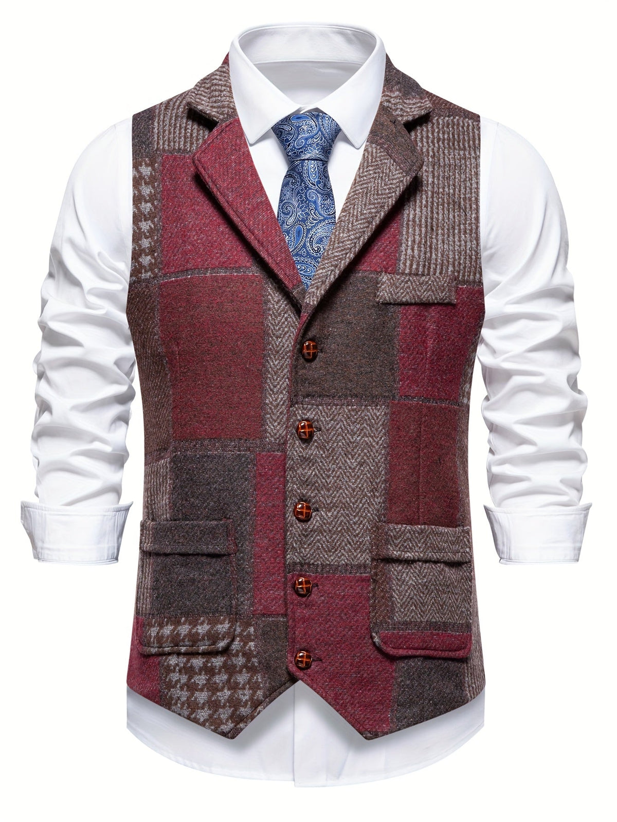 Men's Suit Vest with Patchwork Herringbone Pattern and Button Closure