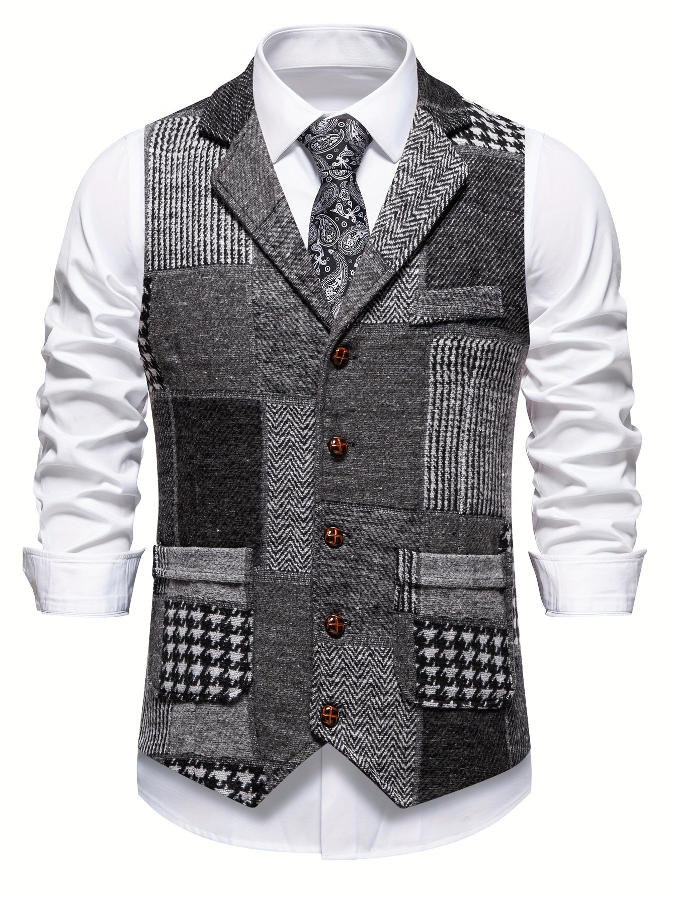Men's Suit Vest with Patchwork Herringbone Pattern and Button Closure