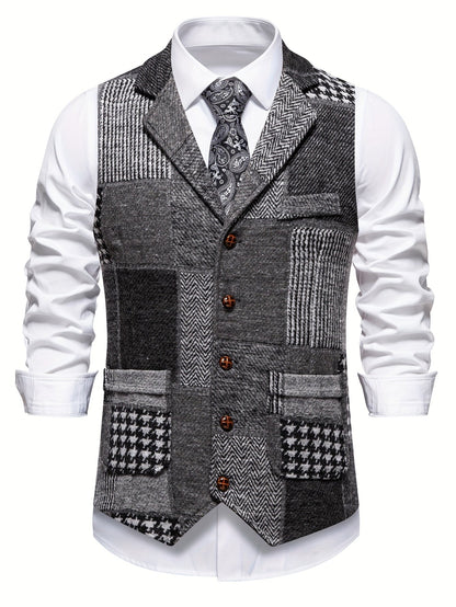 Men's Suit Vest with Patchwork Herringbone Pattern and Button Closure
