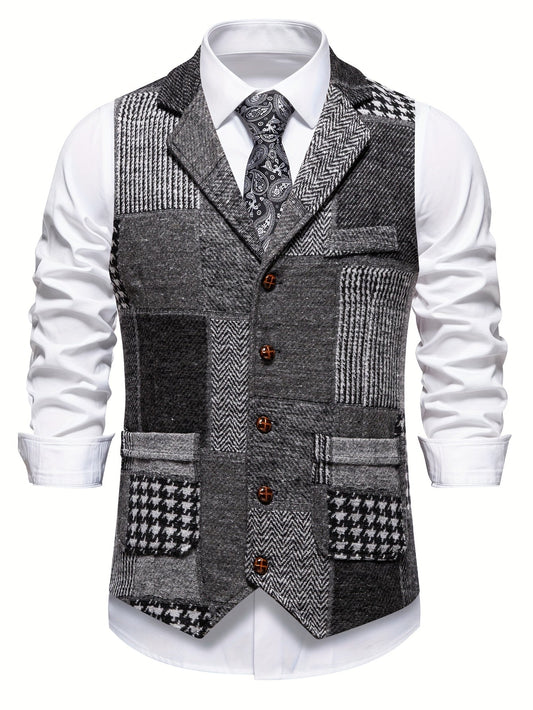 Men's Suit Vest with Patchwork Herringbone Pattern and Button Closure