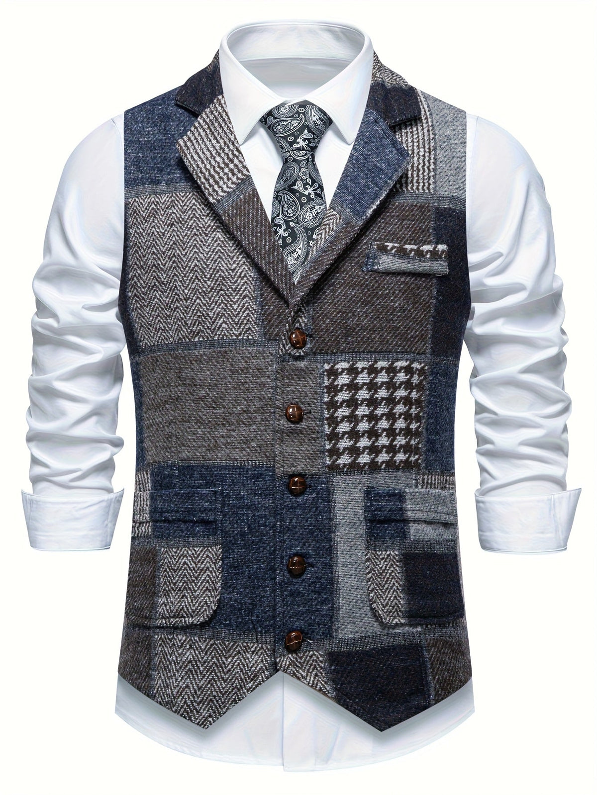 Men's Suit Vest with Patchwork Herringbone Pattern and Button Closure