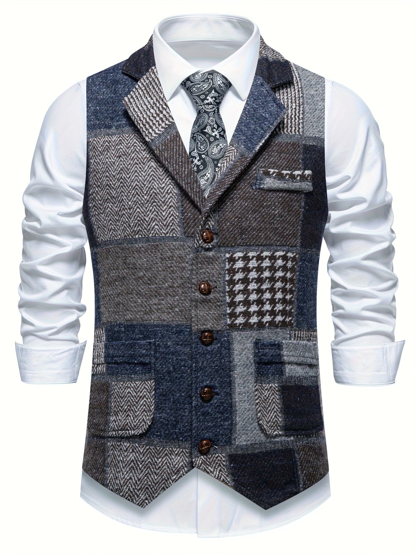 Men's Suit Vest with Patchwork Herringbone Pattern and Button Closure