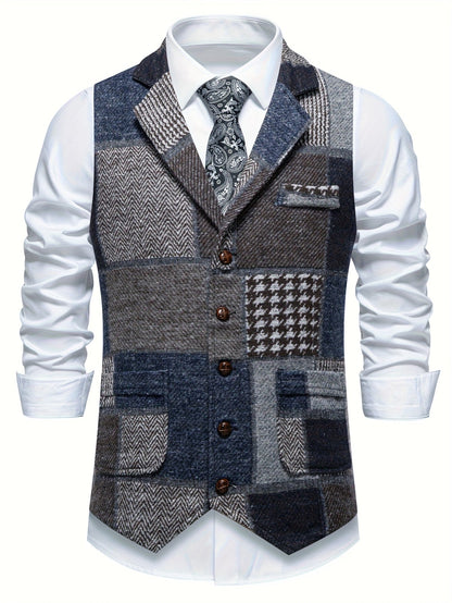 Men's Suit Vest with Patchwork Herringbone Pattern and Button Closure