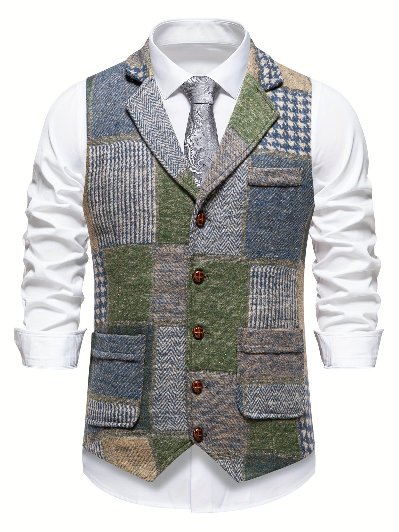 Men's Suit Vest with Patchwork Herringbone Pattern and Button Closure