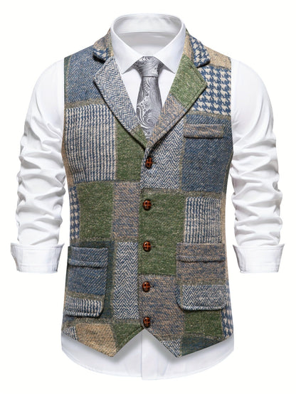 Men's Suit Vest with Patchwork Herringbone Pattern and Button Closure