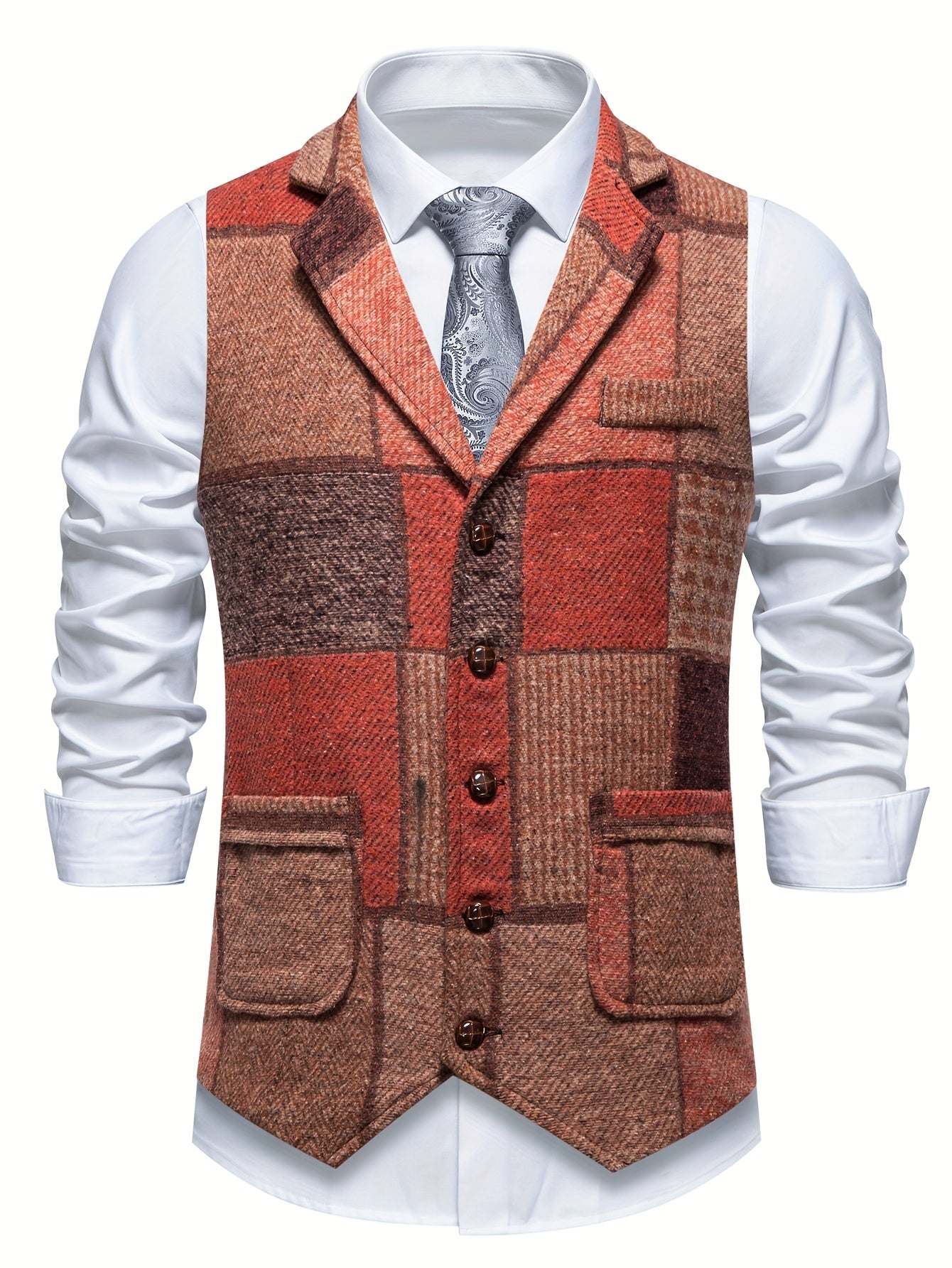 Men's Suit Vest with Patchwork Herringbone Pattern and Button Closure